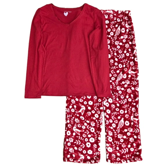 Womens Red & White Foliage & Bird Print Fleece Pajamas Sleep Set Large