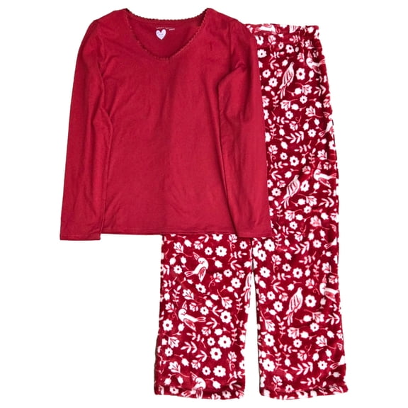 Womens Red & White Foliage & Bird Print Fleece Pajamas Sleep Set X-Large