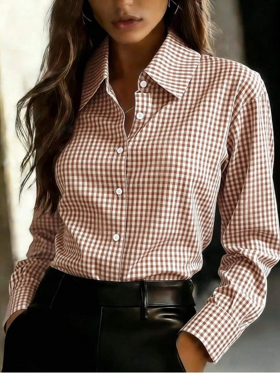 Womens Reddish-Brown & White Gingham Long Sleeve Button-Down Shirt