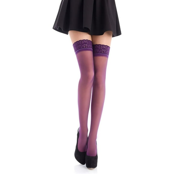Womens Reflections Sheer Thigh High Stocking Lace Top Silk Over the Knee Stocking Purple