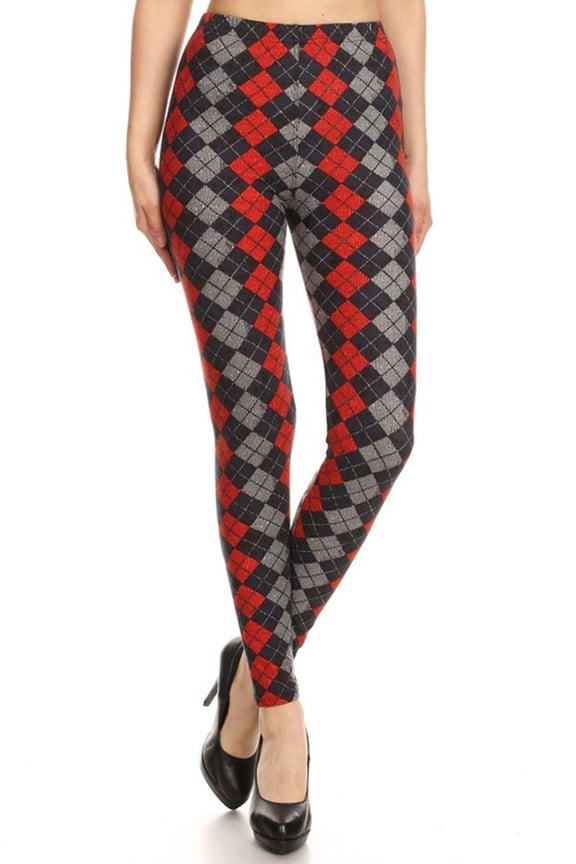 Womens Regular Size Black Red Grey Argyle Plaid Pattern Ultra Soft Leggings (One Size)