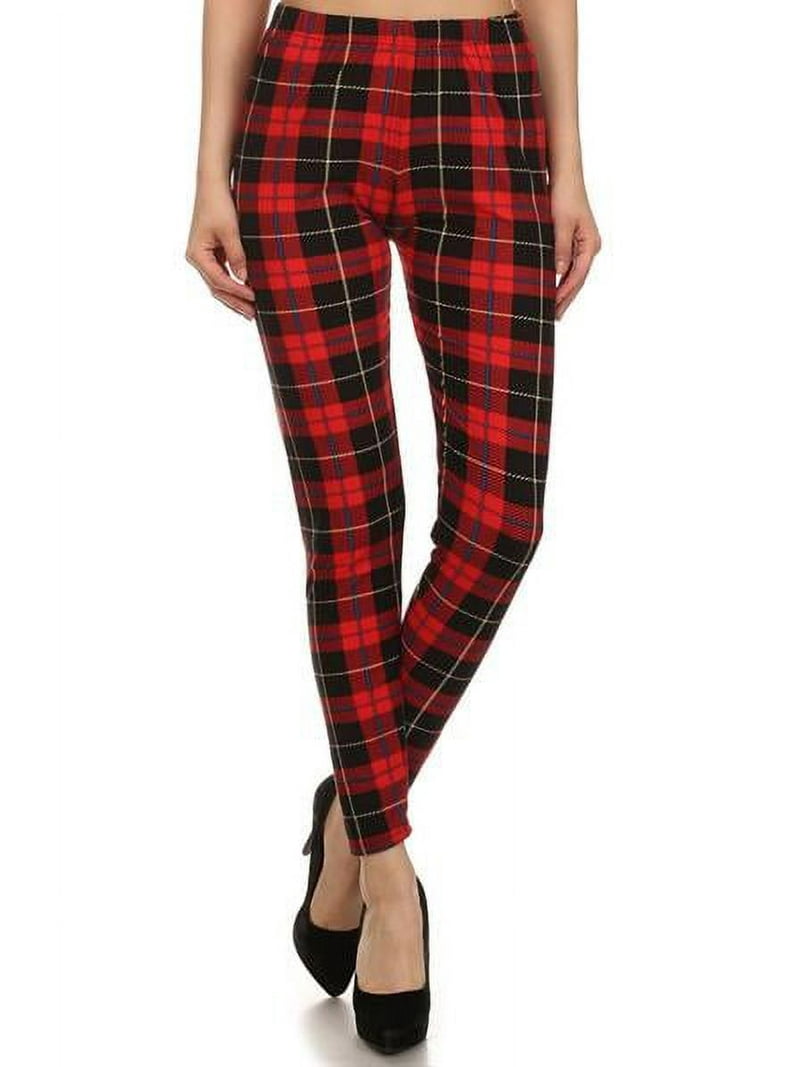 Women's High Waist Red Plaid Printed Leggings, Regular and Plus