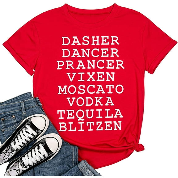 Womens Reindeer Drinking Christmas Shirts Dasher Dancer Prancer Vixen Moscato Vodka Tequila Blitzen Xmas Graphic Tees Tops