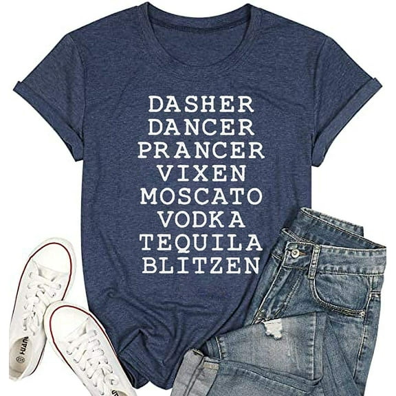 Womens Reindeer Drinking Christmas Shirts Dasher Dancer Prancer Vixen Moscato Vodka Tequila Blitzen Xmas Graphic Tees Tops