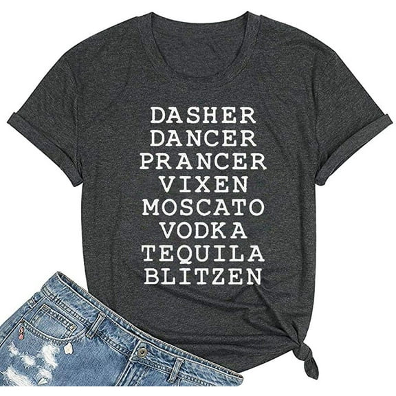 Womens Reindeer Drinking Christmas Shirts Dasher Dancer Prancer Vixen Moscato Vodka Tequila Blitzen Xmas Graphic Tees Tops
