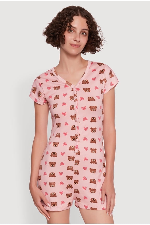 Womens Relax Teddy Bear Heart Print Pajama Romper