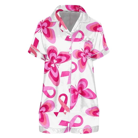 Womens Relaxed Bow Heart Printed Pajama Set Notch Collar Button Down Short Sleeve Top Elastic Waist Shorts with Chest Pocket Soft Breathable Lightweight Summer Casual Home Loungewear Pink L
