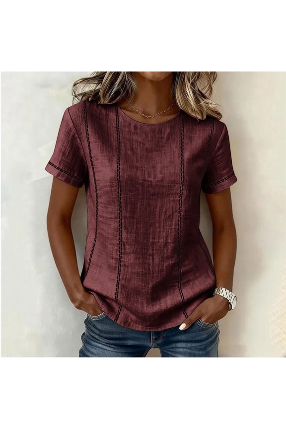 Womens Relaxed Fit Short Sleeve Crew Neck Blouses Top - Breathable Polyester Everyday Basic Tee, Wine Red, S-XXL,Size XL