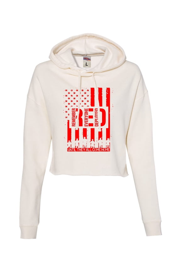 Womens Remember Everyone Deployed RED Friday Cropped Hooded Sweatshirt
