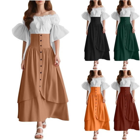 Womens Ren Faire Dress Fairy Costume Puff Sleeve Lace Up Corset High Waist Layered Maxi Gown for Halloween Medieval Renaissance Festival Cosplay, Brown, S