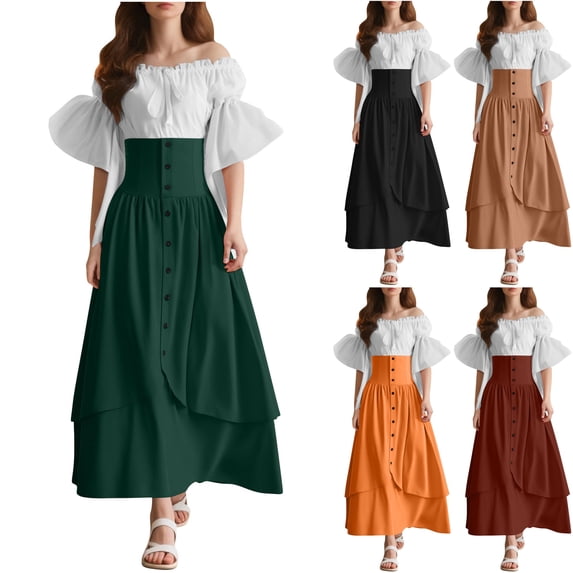 Womens Ren Faire Dress Fairy Costume Puff Sleeve Lace Up Corset High Waist Layered Maxi Gown for Halloween Medieval Renaissance Festival Cosplay, Green, L