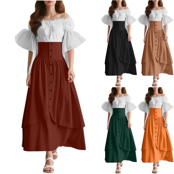 Womens Ren Faire Dress Fairy Costume Puff Sleeve Lace Up Corset High Waist Layered Maxi Gown for Halloween Medieval Renaissance Festival Cosplay, Red, XL