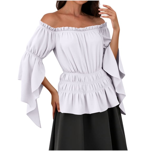 Womens Renaissance Blouse Fashion Off Shoulder Ruffle Long Sleeve Peasant Tops Medieval Victorian Costume