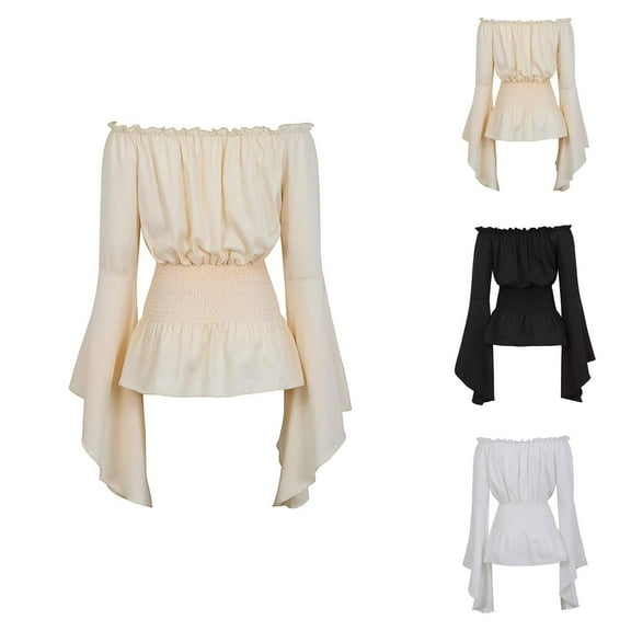 Womens Renaissance Blouse Long Sleeve Off Shoulder Trumpet Peasant Tops Medieval Victorian Costume Shirt