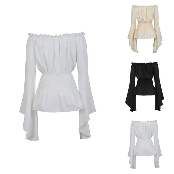 Womens Renaissance Blouse Long Sleeve Off Shoulder Trumpet Peasant Tops Medieval Victorian Costume Shirt