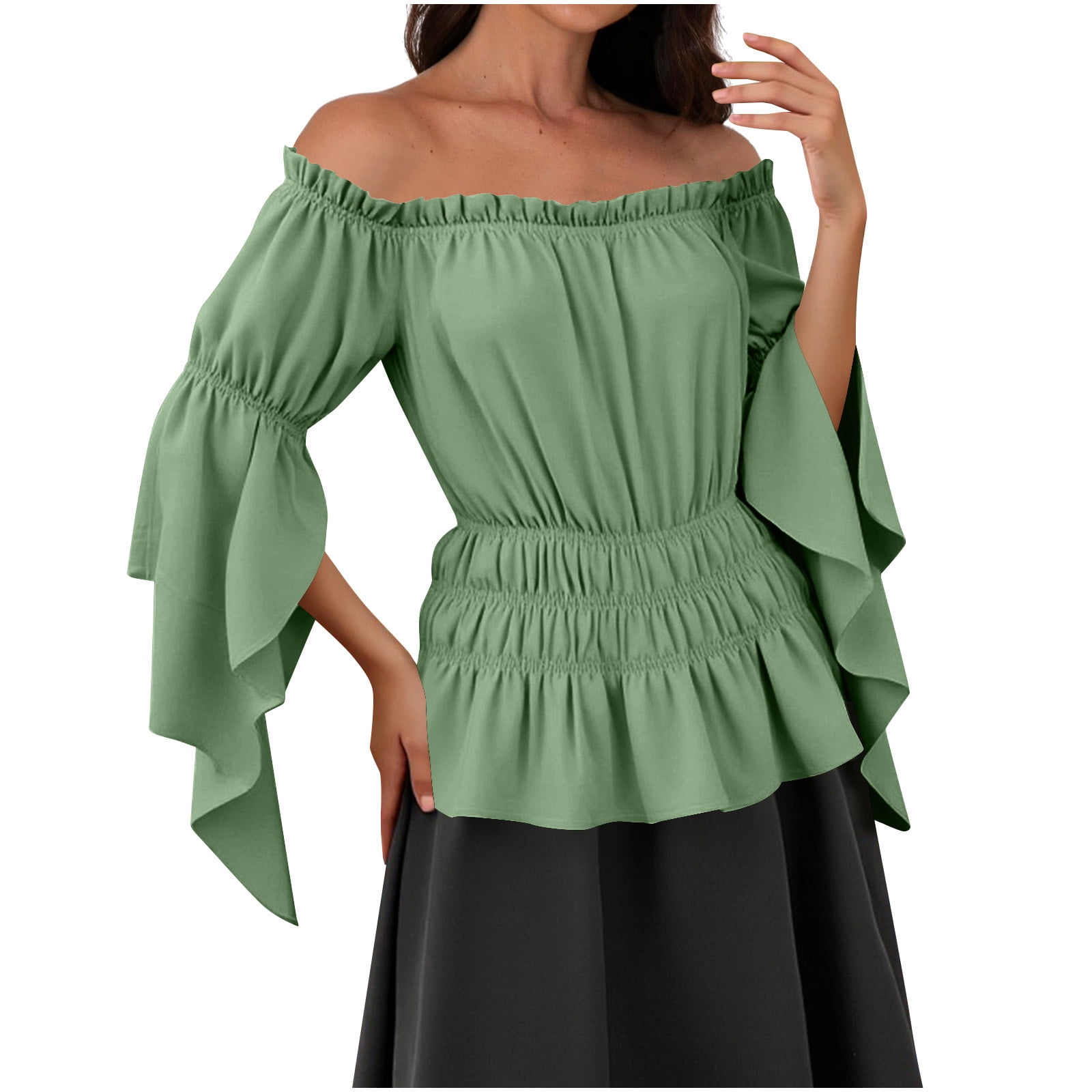 Womens Renaissance Blouse, Off Shoulder 3/4 Sleeve Ruffle