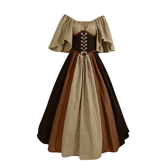 Womens Renaissance Costume Medieval Gowns Halloween Costume Short Sleeve off Shoulder Dress Cocktail Party Dresses Casual Pleated Dress