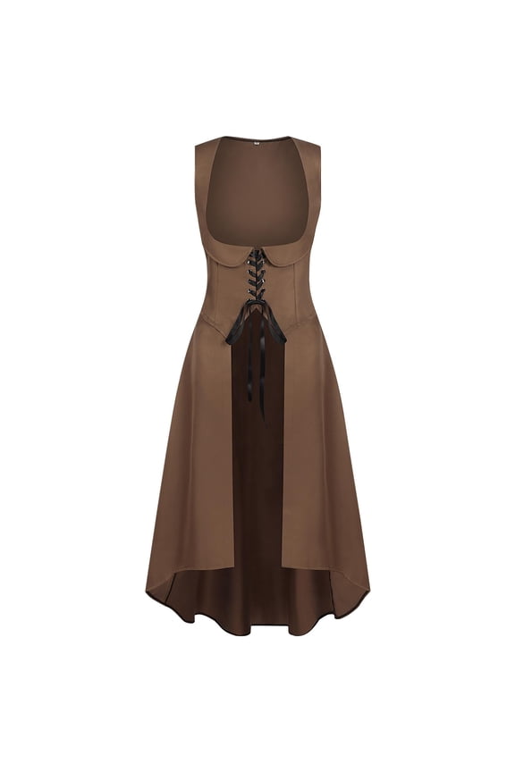 Womens Renaissance Costume Medieval Pirate Peasant Dress Underbust Fairy High Low Lace Up Dresses with Pockets
