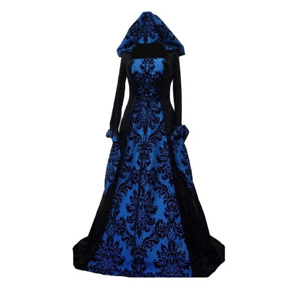 Womens Renaissance Hooded Dress Elastic High Waist Flowy Long Sleeve Embroidered Big Hem Dresses Halloween, 3XL