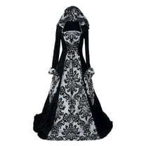 Womens Renaissance Hooded Dress Elastic High Waist Flowy Long Sleeve Embroidered Big Hem Dresses Halloween, 3XL