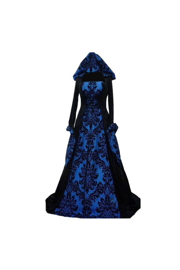 Womens Renaissance Hooded Dress Elastic High Waist Flowy Long Sleeve Embroidered Big Hem Dresses Halloween, 4XL