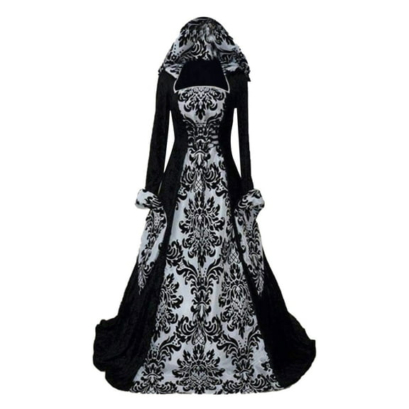 Womens Renaissance Hooded Dress Elastic High Waist Flowy Long Sleeve Embroidered Big Hem Dresses Halloween, 5XL