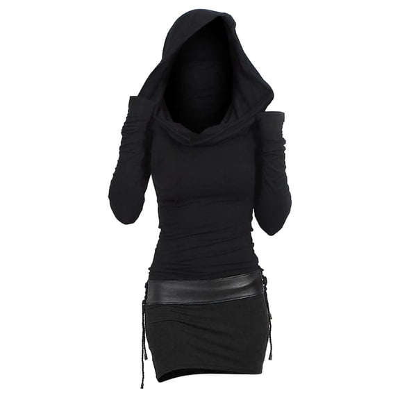 Womens Renaissance Costumes Long Sleeve Ruched Bodycon Mini Dress Gothic Halloween Party Dresses with Hoodies
