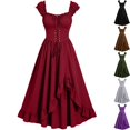 thumbnail image 1 of Womens Renaissance Dress Lace Up Ruffled High Low Hem Smocked Puff Sleeve Costume Cottagecore Medieval Gothic Gown for Halloween Party, Red, L, 1 of 1