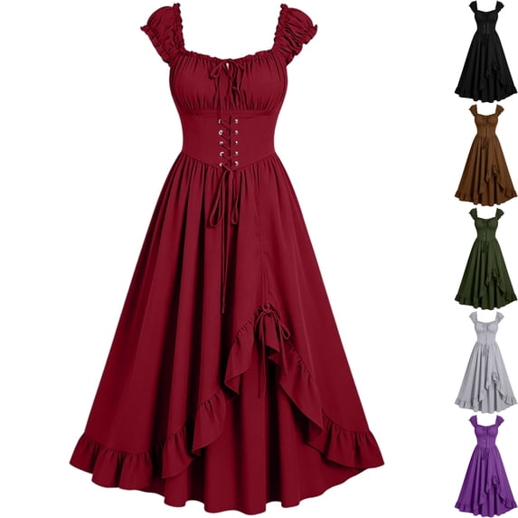 Womens Renaissance Dress Lace Up Ruffled High Low Hem Smocked Puff Sleeve Costume Cottagecore Medieval Gothic Gown for Halloween Party, Red, L