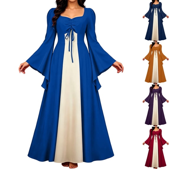 Womens Renaissance Dress Medieval Costume Bell Sleeve Irish Peasant Gown Ruched Tie Front A-Line Maxi Dress for Ren Faire Halloween Cosplay 2026, Blue, L