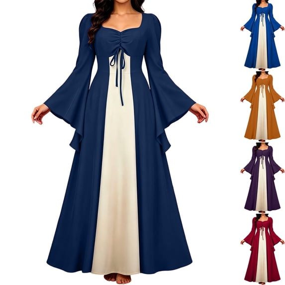 Womens Renaissance Dress Medieval Costume Bell Sleeve Irish Peasant Gown Ruched Tie Front A-Line Maxi Dress for Ren Faire Halloween Cosplay 2026, Navy, XXL