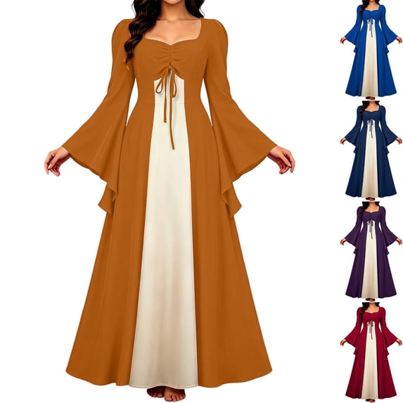 Womens Renaissance Dress Medieval Costume Bell Sleeve Irish Peasant Gown Ruched Tie Front A-Line Maxi Dress for Ren Faire Halloween Cosplay 2026, Orange, XL