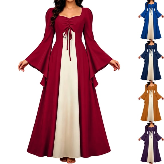 Womens Renaissance Dress Medieval Costume Bell Sleeve Irish Peasant Gown Ruched Tie Front A-Line Maxi Dress for Ren Faire Halloween Cosplay 2026, Red, XL
