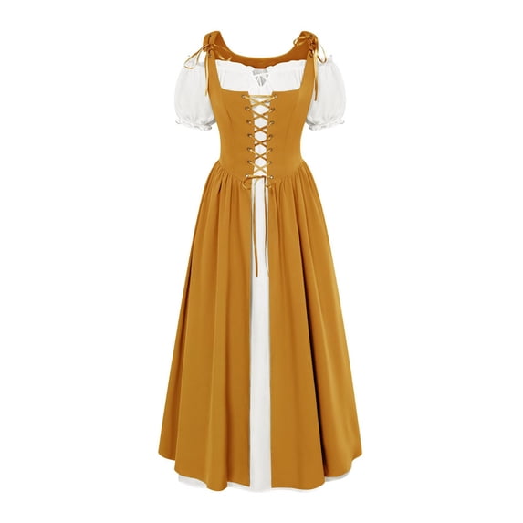 Womens Renaissance Dress Medieval Costume Irish Peasant Wench Chemise Puff Sleeve Lace Up Corset Gown Layered for Ren Faire Halloween Cosplay, Yellow, XXL