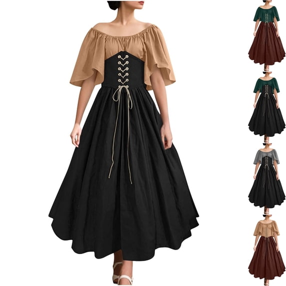 Womens Renaissance Dress Medieval Costume Lace Up Corset Off Shoulder Flutter Sleeve Peasant Gown for Halloween Cosplay, Black, L