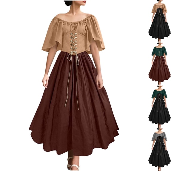 Womens Renaissance Dress Medieval Costume Lace Up Corset Off Shoulder Flutter Sleeve Peasant Gown for Halloween Cosplay, Khaki, S