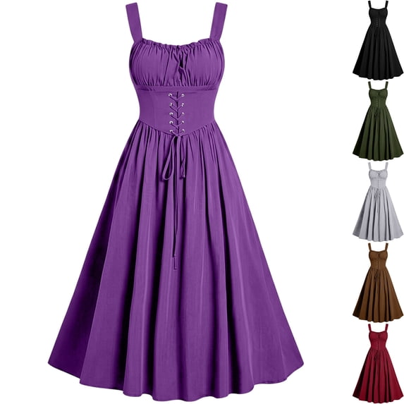 Womens Renaissance Dress Medieval Costume Lace Up Corset Peasant Wench A-Line Midi Dress for Halloween Cosplay Party 2026, Purple, S