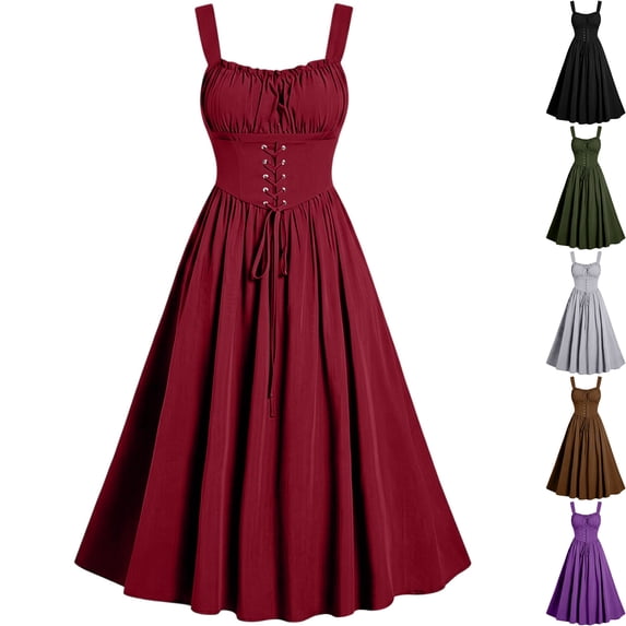 Womens Renaissance Dress Medieval Costume Lace Up Corset Peasant Wench A-Line Midi Dress for Halloween Cosplay Party 2026, Red, L