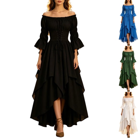Womens Renaissance Dress Medieval Costume Off Shoulder Lace Up Corset High Low Peasant Wench Gown Tiered Hem for Halloween Cosplay 2026, Black, L