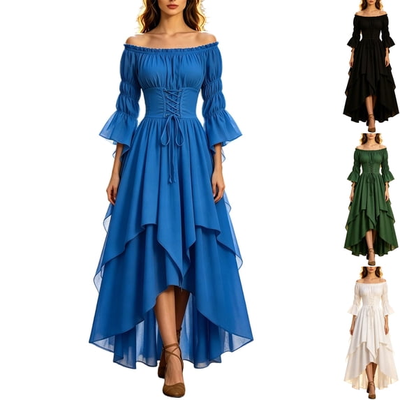 Womens Renaissance Dress Medieval Costume Off Shoulder Lace Up Corset High Low Peasant Wench Gown Tiered Hem for Halloween Cosplay 2026, Blue, XXXL