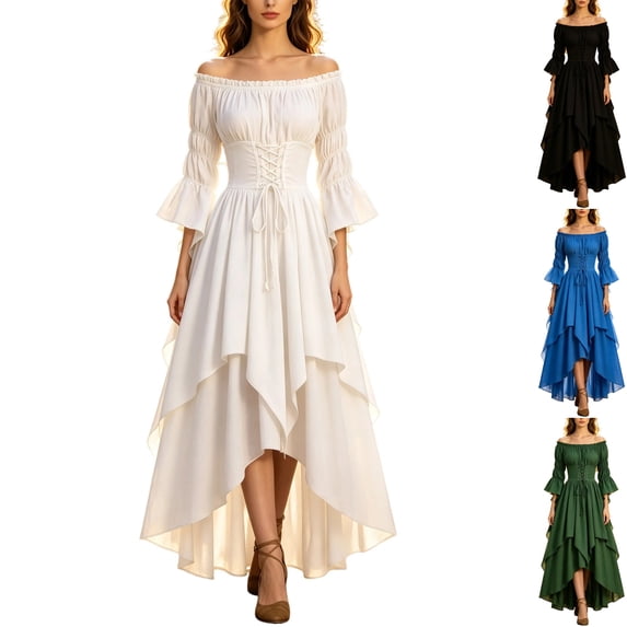 Womens Renaissance Dress Medieval Costume Off Shoulder Lace Up Corset High Low Peasant Wench Gown Tiered Hem for Halloween Cosplay 2026, White, L