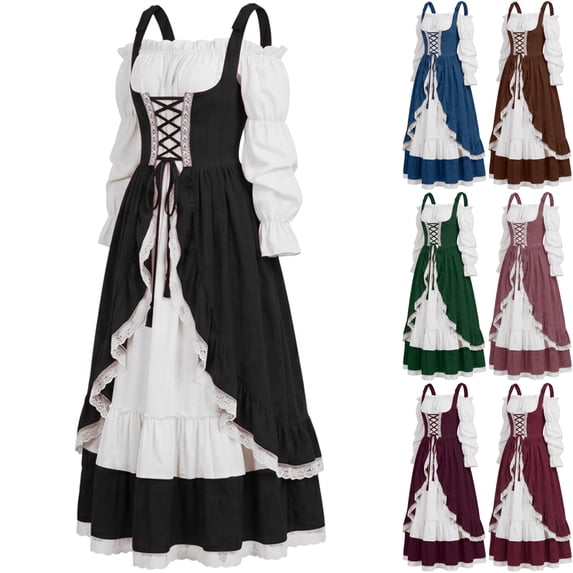 Womens Renaissance Dress Medieval Costume Victorian Peasant Wench Gown Off Shoulder Puff Sleeve Lace Up Corset Tiered Hem for Ren Faire Cosplay, Black, L