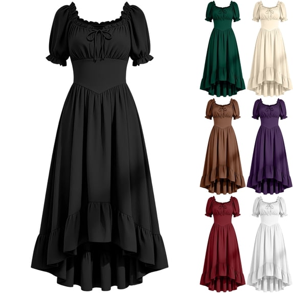 Womens Renaissance Dress Medieval Peasant Chemise Cottagecore Fairy High Low Ruffle Hem Puff Sleeve Dress for Halloween Costume Cosplay, Black, S