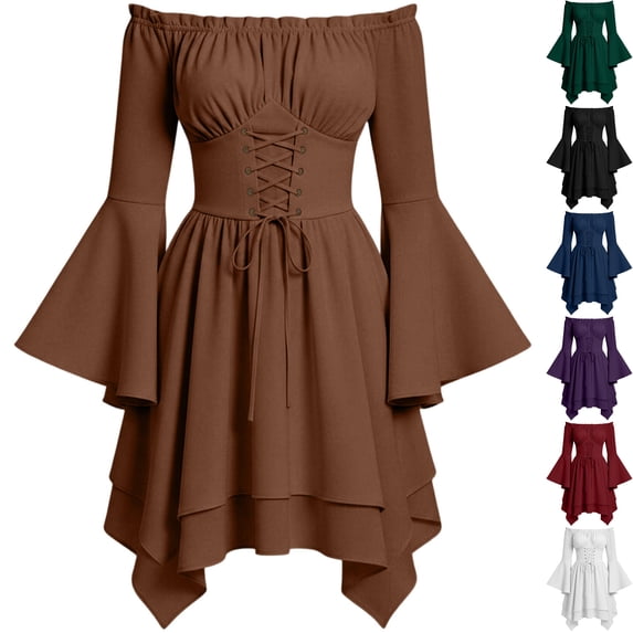Womens Renaissance Dress Peasant Costume Medieval Wench Dress Off Shoulder Long Bell Sleeve Lace Up Corset High Low Halloween Cosplay, Coffee, S