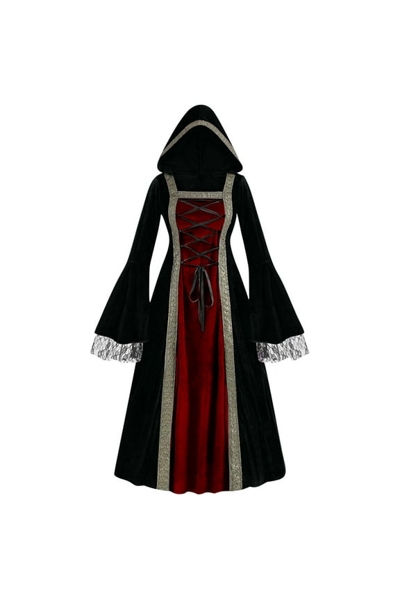 Womens Renaissance Dress Plus Size Retro Hooded Medieval Party Festival Outfit Trumpet Long Sleeve Maxi Dress (M, Red)