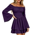 thumbnail image 1 of Womens Renaissance Gothic Fairy Dress Halloween Medieval Square Neck Off Shoulder Bell Sleeve Corset Asymmetrical Mini Dresses Victorian Peasant Ruffle Pirate Cosplay Costume Purple S, 1 of 9