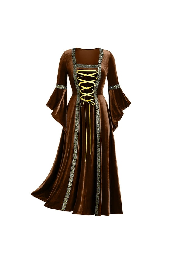 Womens Renaissance Medieval Costume Dress Lace Up Long Dresses Trumpet Sleeve Retro Gown Cosplay Clothes Women's Square Collar Patchwork Bandage Long Sleeve Robe Dress, Brown L