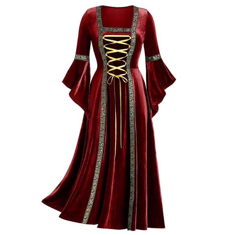 Womens Renaissance Medieval Costume Dress Lace Up Long Dresses