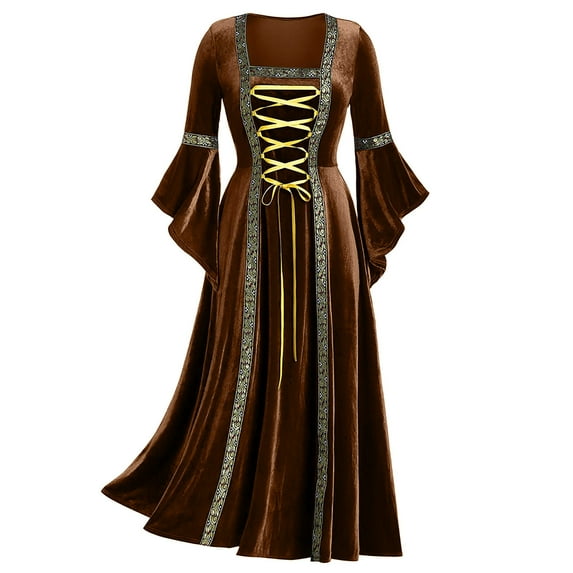 Womens Renaissance Medieval Dress Vintage Square Collar Lace Up Long Sleeve Plus Size Costume Retro Gown Maxi Dress