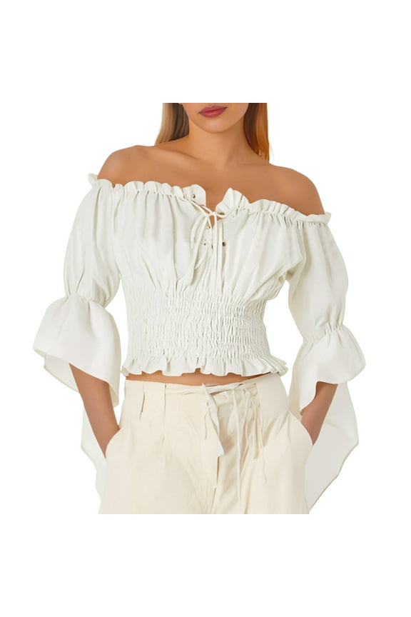 Womens Renaissance Peasant Blouse Off Shoulder Trumpet Sleeve Tops White L